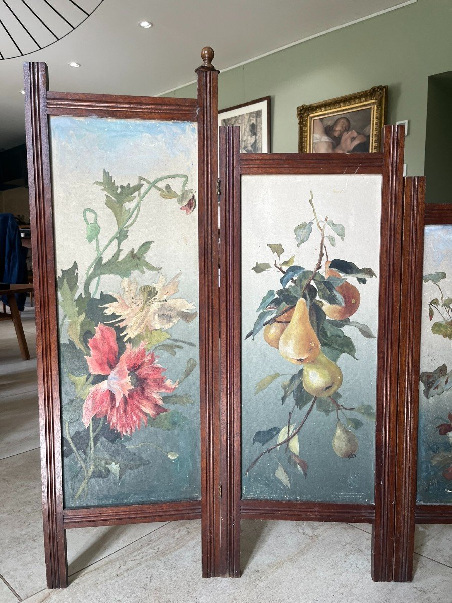 Small Three-fold Screen Or Fireplace Screen - Painting On Panel - 1900 -photo-3