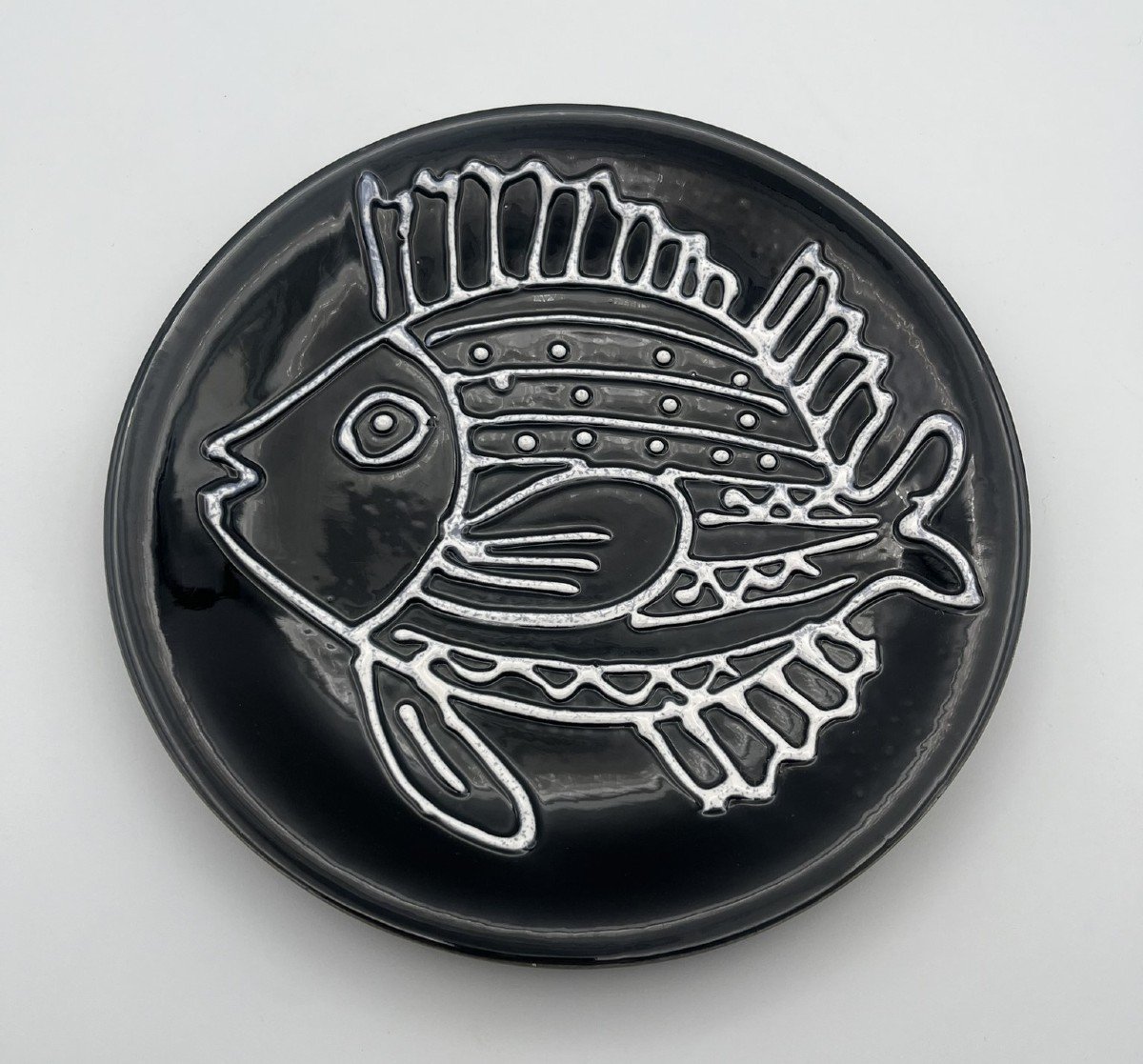 Robert Picault For Longchamps - Fish Service In Black And White Earthenware-photo-6