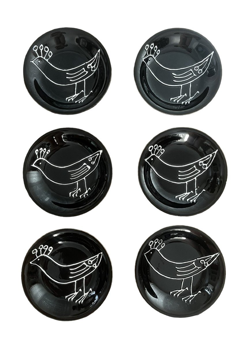 Robert Picault For Longchamps - Bird Service In Black And White Earthenware