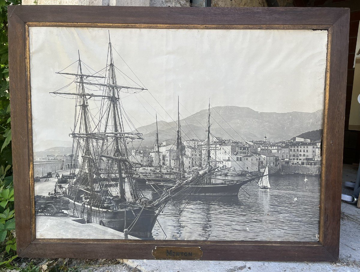 Huge And Superb Photograph Circa 1900 Of The Port Of Menton With Its Original Frame