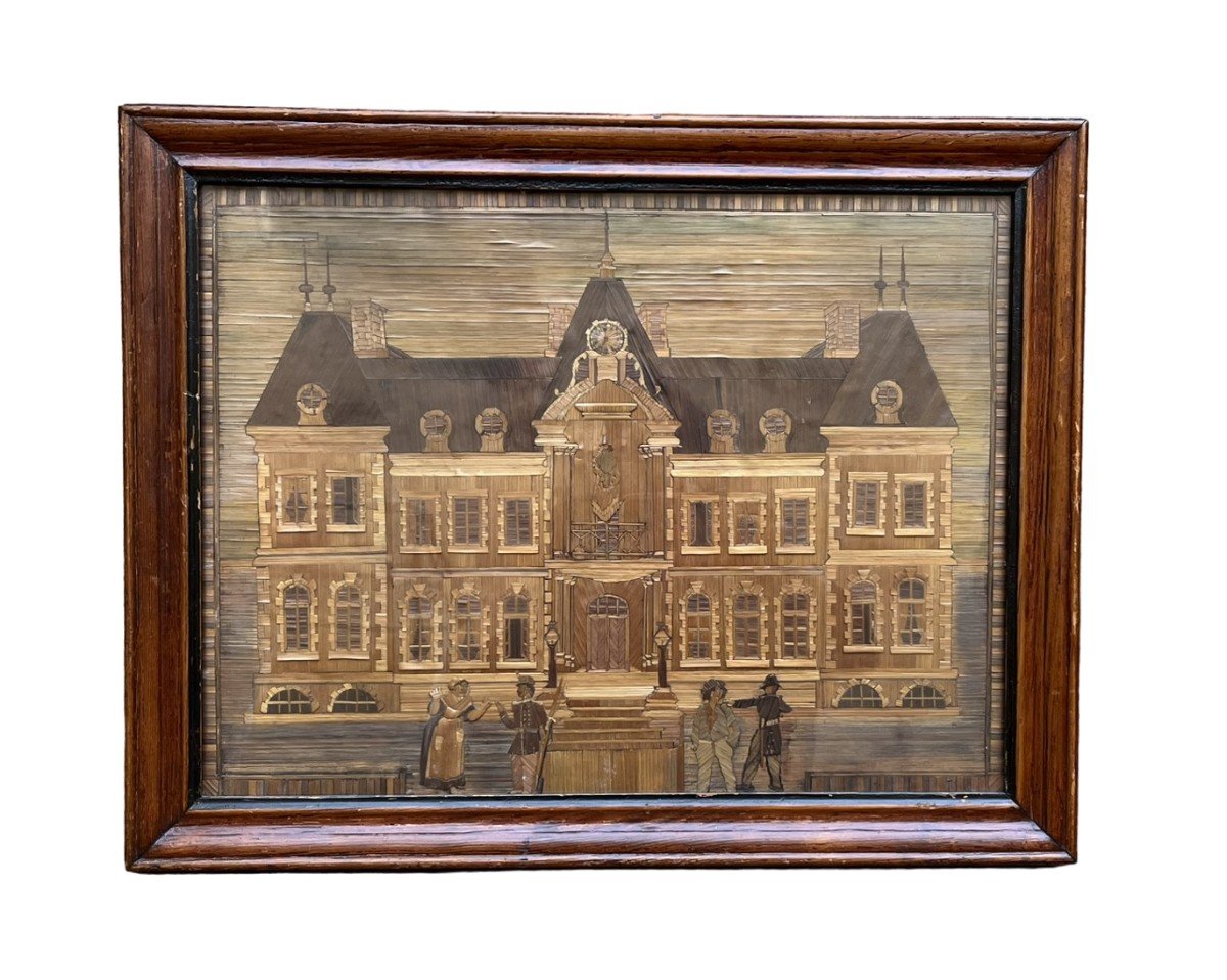 19th Century Straw Marquetry - Genre Scene In Front Of A Town Hall - Gendarme - Soldier-photo-2