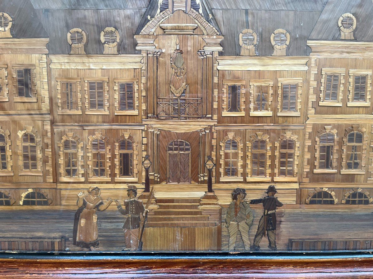 19th Century Straw Marquetry - Genre Scene In Front Of A Town Hall - Gendarme - Soldier-photo-3