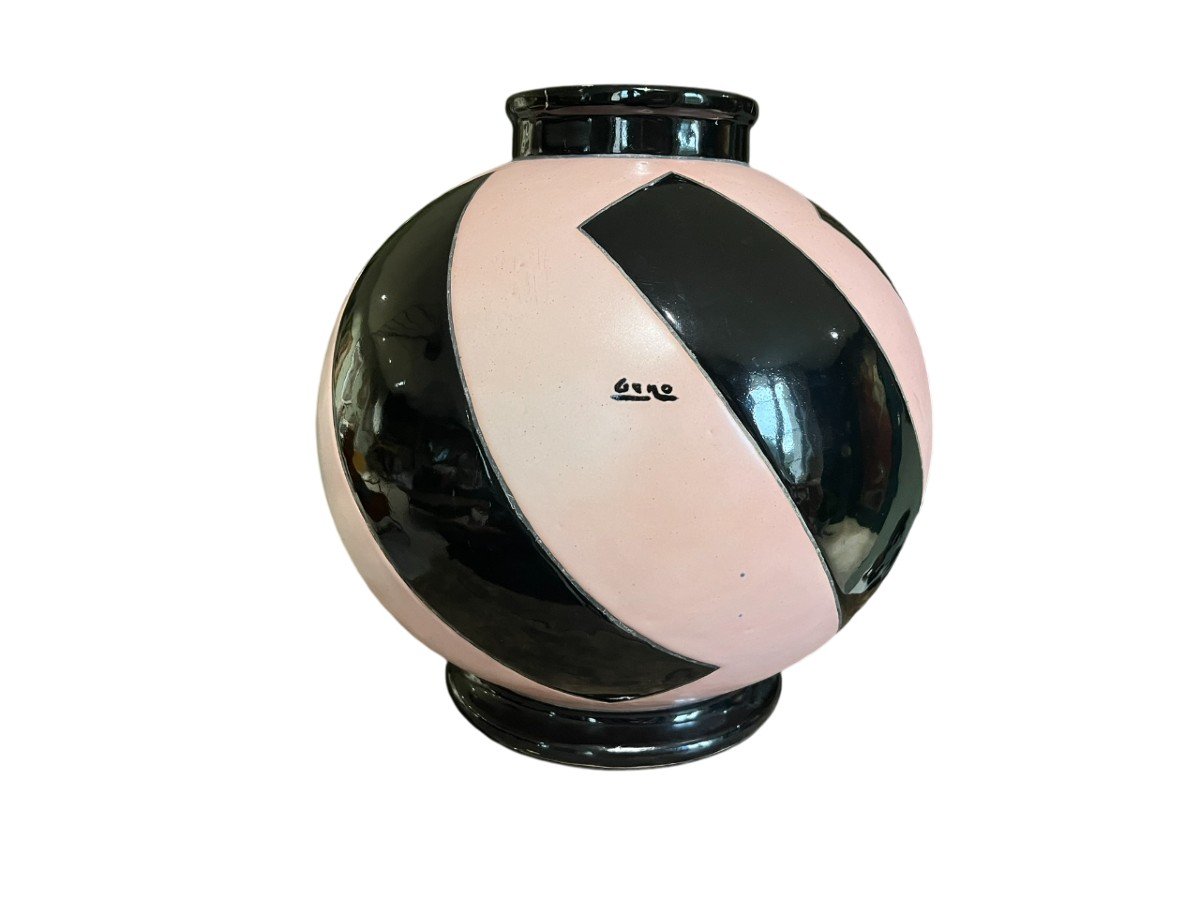 Geno - Montières - Vase Sphérique En Céramique émaillée Rose Et Noir - Circa 1930-photo-2