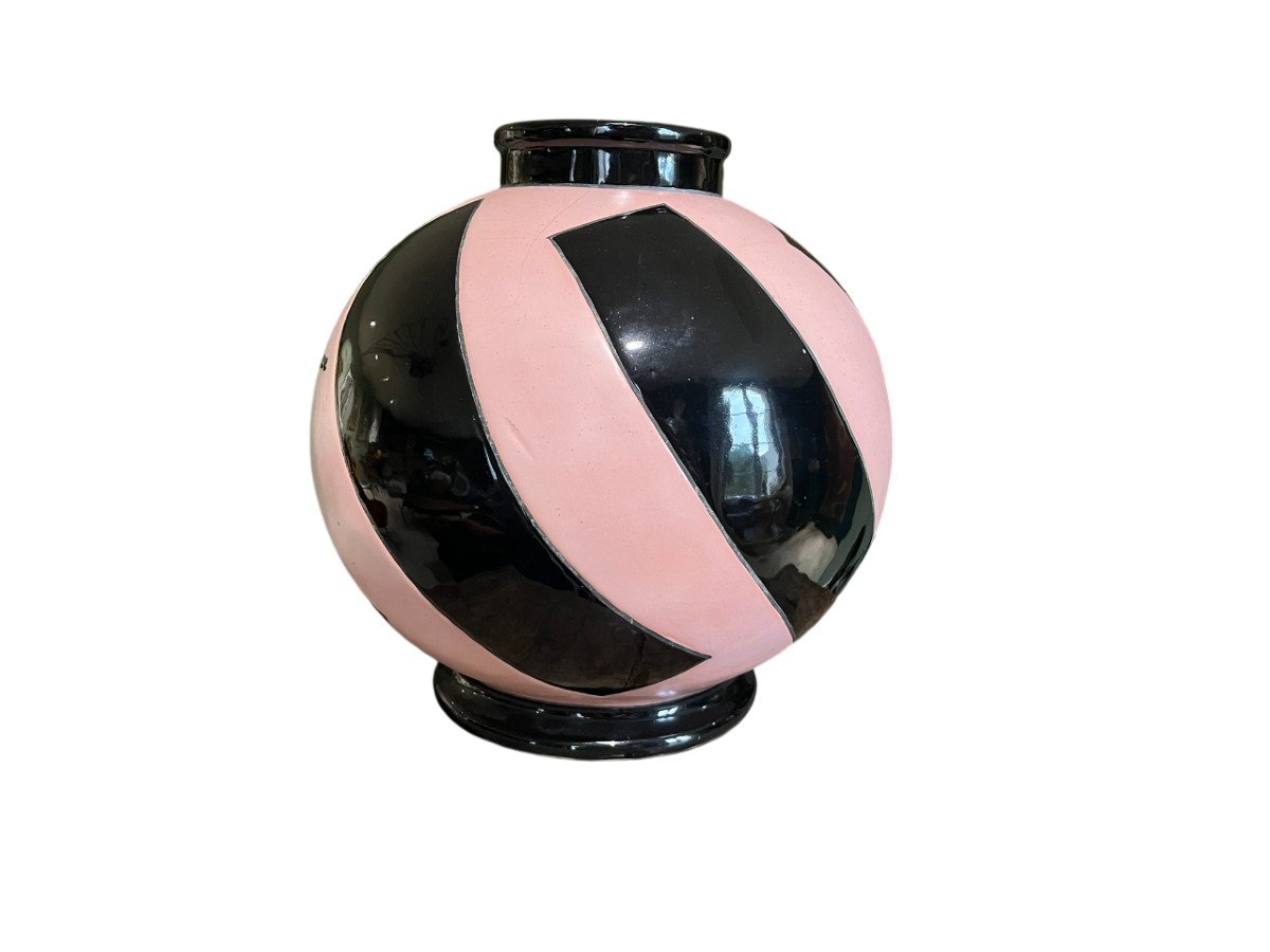 Geno - Montières - Vase Sphérique En Céramique émaillée Rose Et Noir - Circa 1930-photo-3