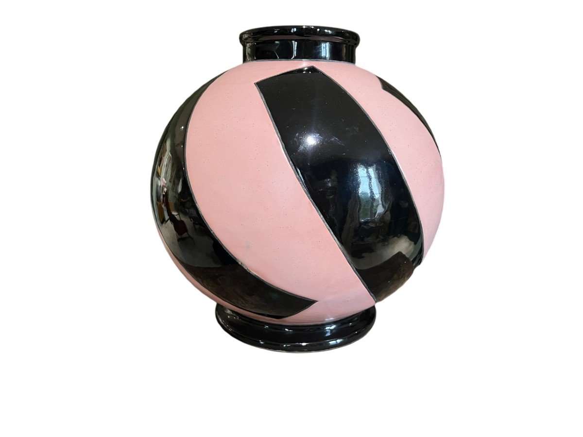 Geno - Montières - Vase Sphérique En Céramique émaillée Rose Et Noir - Circa 1930-photo-4