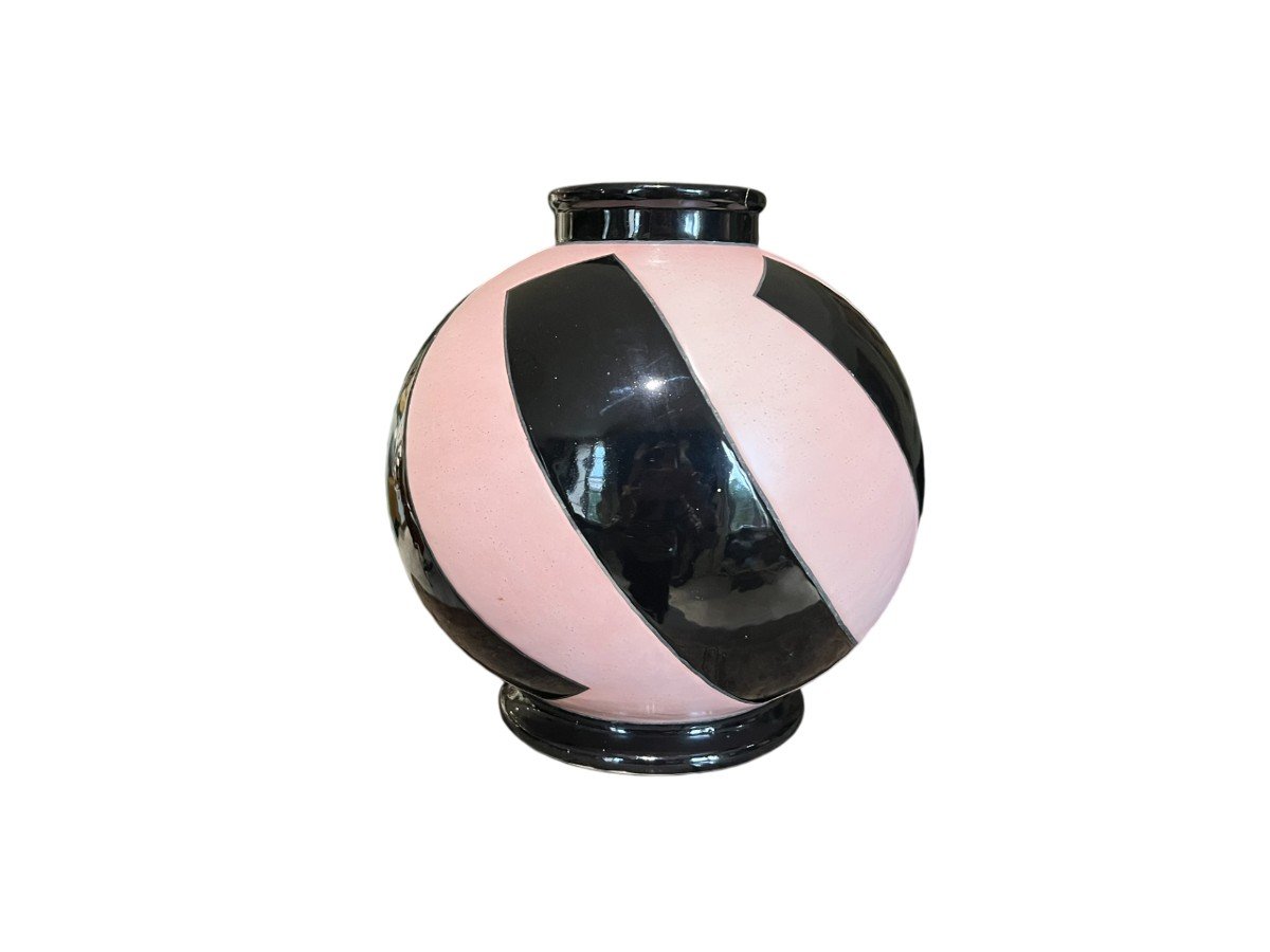 Geno - Montières - Vase Sphérique En Céramique émaillée Rose Et Noir - Circa 1930-photo-1