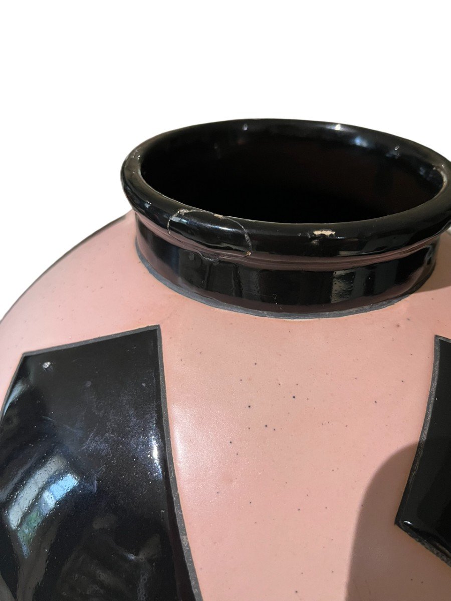 Geno - Montières - Vase Sphérique En Céramique émaillée Rose Et Noir - Circa 1930-photo-2