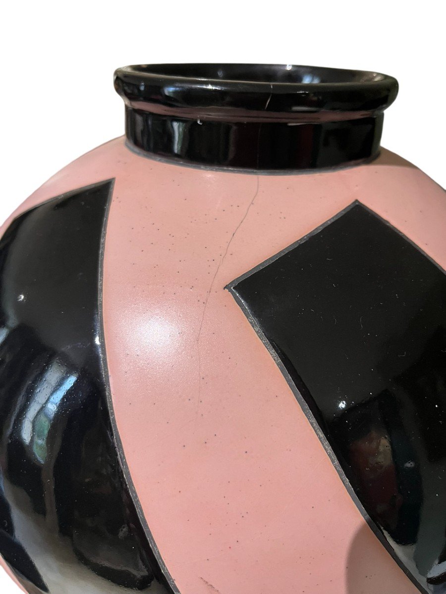 Geno - Montières - Vase Sphérique En Céramique émaillée Rose Et Noir - Circa 1930-photo-4