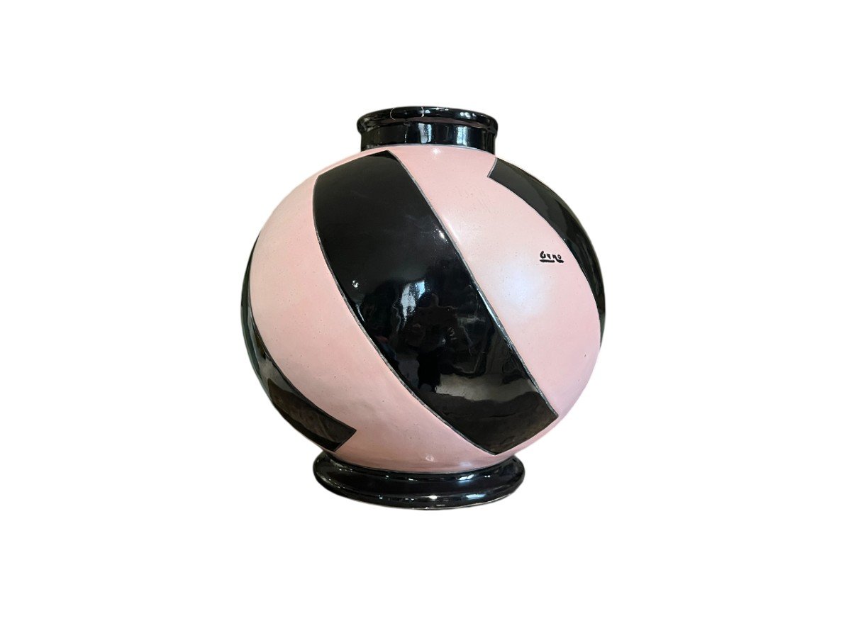 Geno - Montières - Vase Sphérique En Céramique émaillée Rose Et Noir - Circa 1930