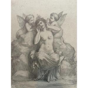 Henri-pierre Picou - Original Pencil Drawing - Muse And Her Loves - 1869