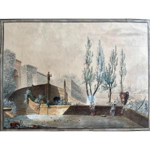 Grand Dessin Aquarelle Vers 1800 - Jardins De Tivoli - Epoque Empire