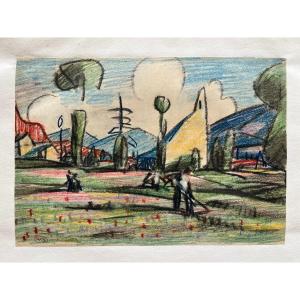 Adolphe Beaufrère - Dessin Au Crayon Gras De Couleur - Scène De Fenaison 