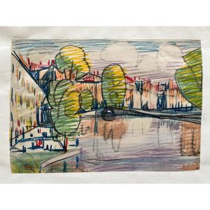Adolphe Beaufrere - Colored Oily Pencil Drawing - Midi Landscape
