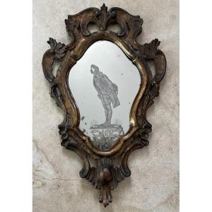 Miroir Vénitien En Bois Sculpté - Miroir Gravé  Décor Personnage Carnaval De Venise - XIXème 