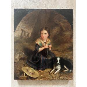 Oil On Canvas 19th Century - Enfantina - Little Girl And Her Dog - Léontine Berton - 1855