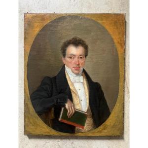 Ecole Française XIXème - Portrait d'Homme Au Livre Vers 1830 - Huile Sur Toile