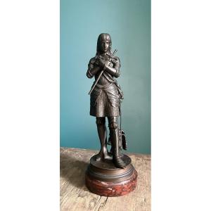 Jeanne d'Arc - Sculpture En Bronze Par Eutrope Bouret - Socle Marbre Griotte