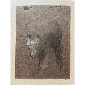 Jean Jacques Henner - Drawing In Black Stone And White Chalk - Woman In Profile - Workshop Stamp
