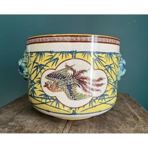 Cache Pot Planter In Sarreguemines Earthenware 19th Century - Chinoisant Decor - Phoenix 