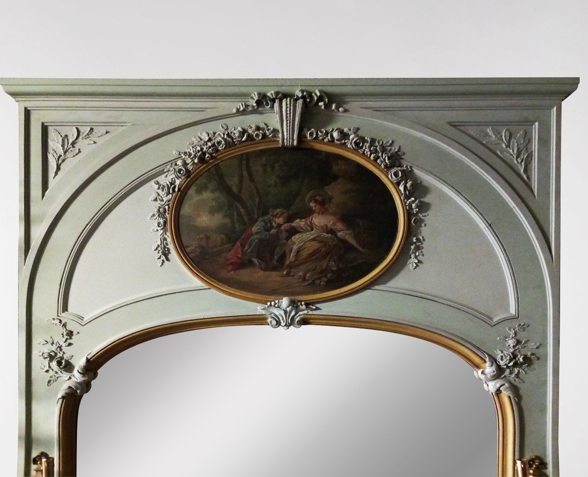Trumeau de style Louis XVI avec huile sur toile représentant une scène galante  -photo-3