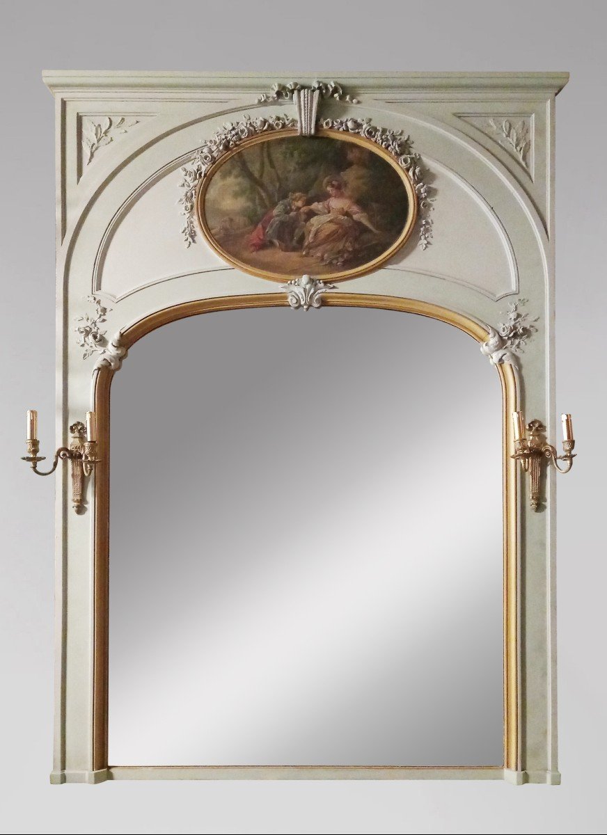 Trumeau de style Louis XVI avec huile sur toile représentant une scène galante  