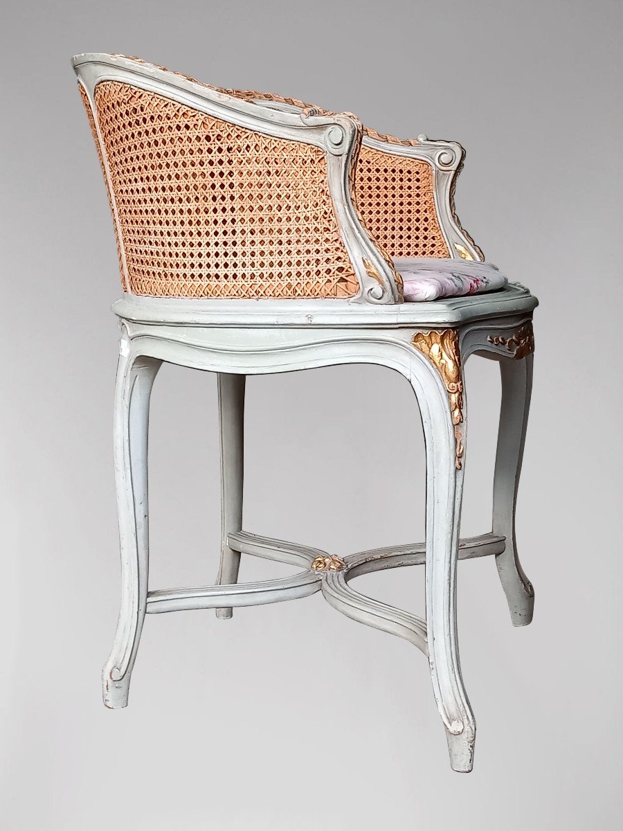 Louis XV Style Armchair In Cannage In Gray Lacquered Wood Basket Back-photo-2