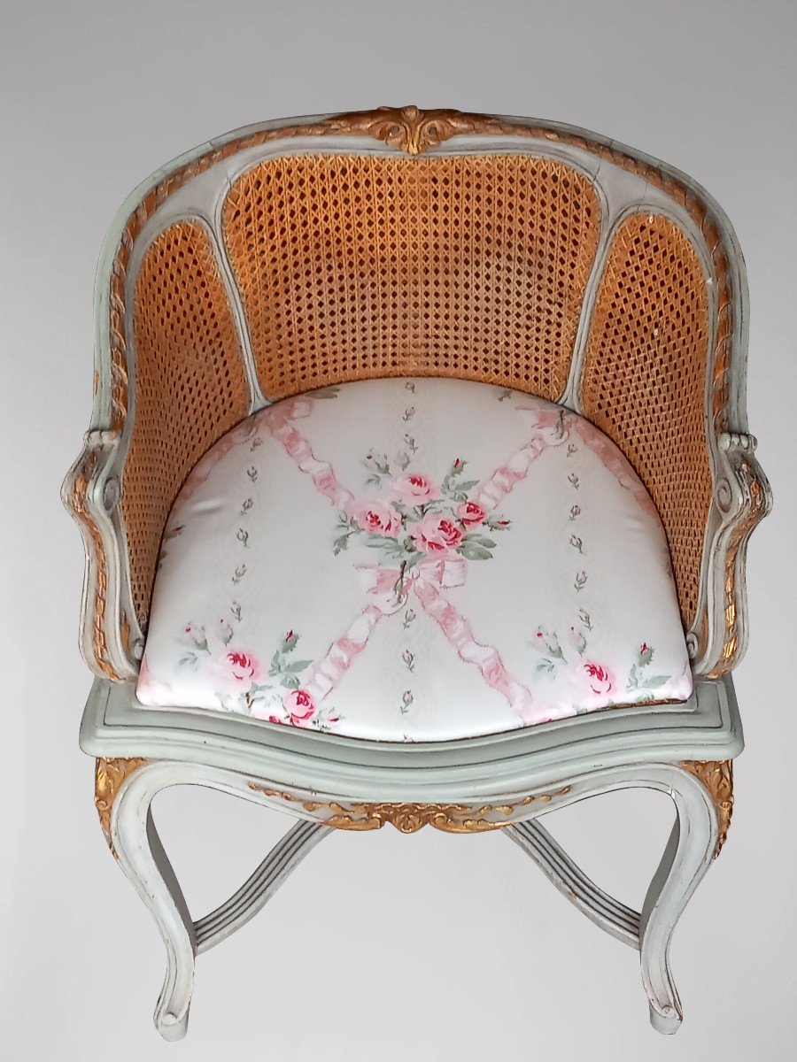 Louis XV Style Armchair In Cannage In Gray Lacquered Wood Basket Back-photo-3