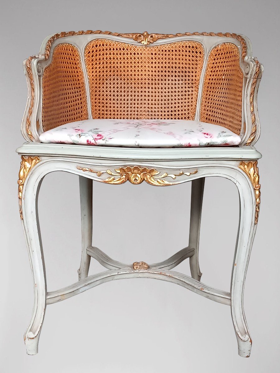 Louis XV Style Armchair In Cannage In Gray Lacquered Wood Basket Back