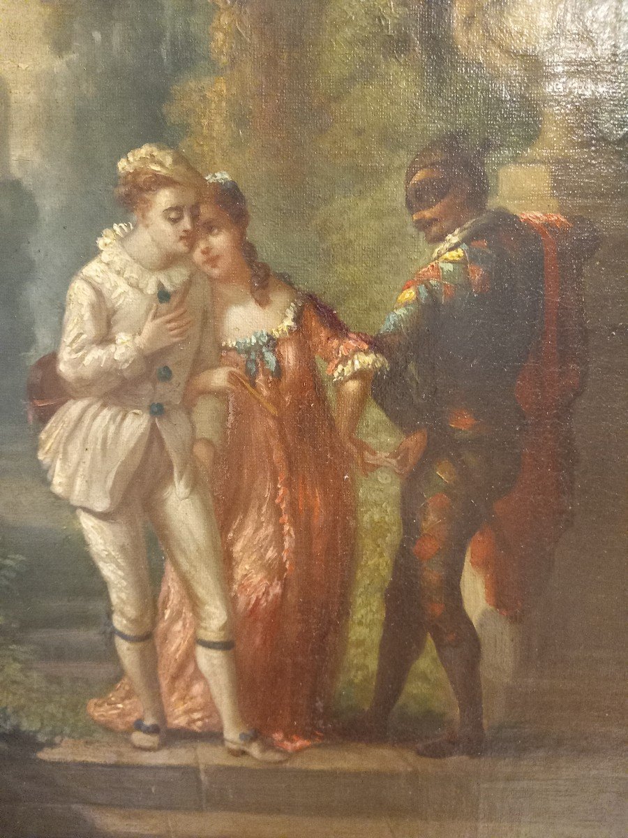 Oil On Canvas Representing A Naughty Scene Between Harlequin Columbine And Pierrot-photo-4