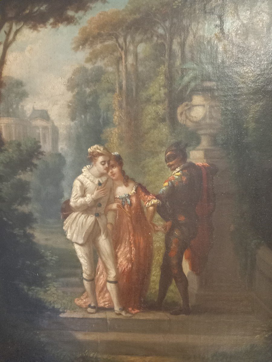 Oil On Canvas Representing A Naughty Scene Between Harlequin Columbine And Pierrot