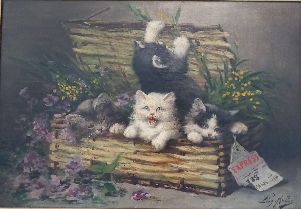 Oil Painting On Canvas Representing Four Kittens Signed Léon Huber -photo-3