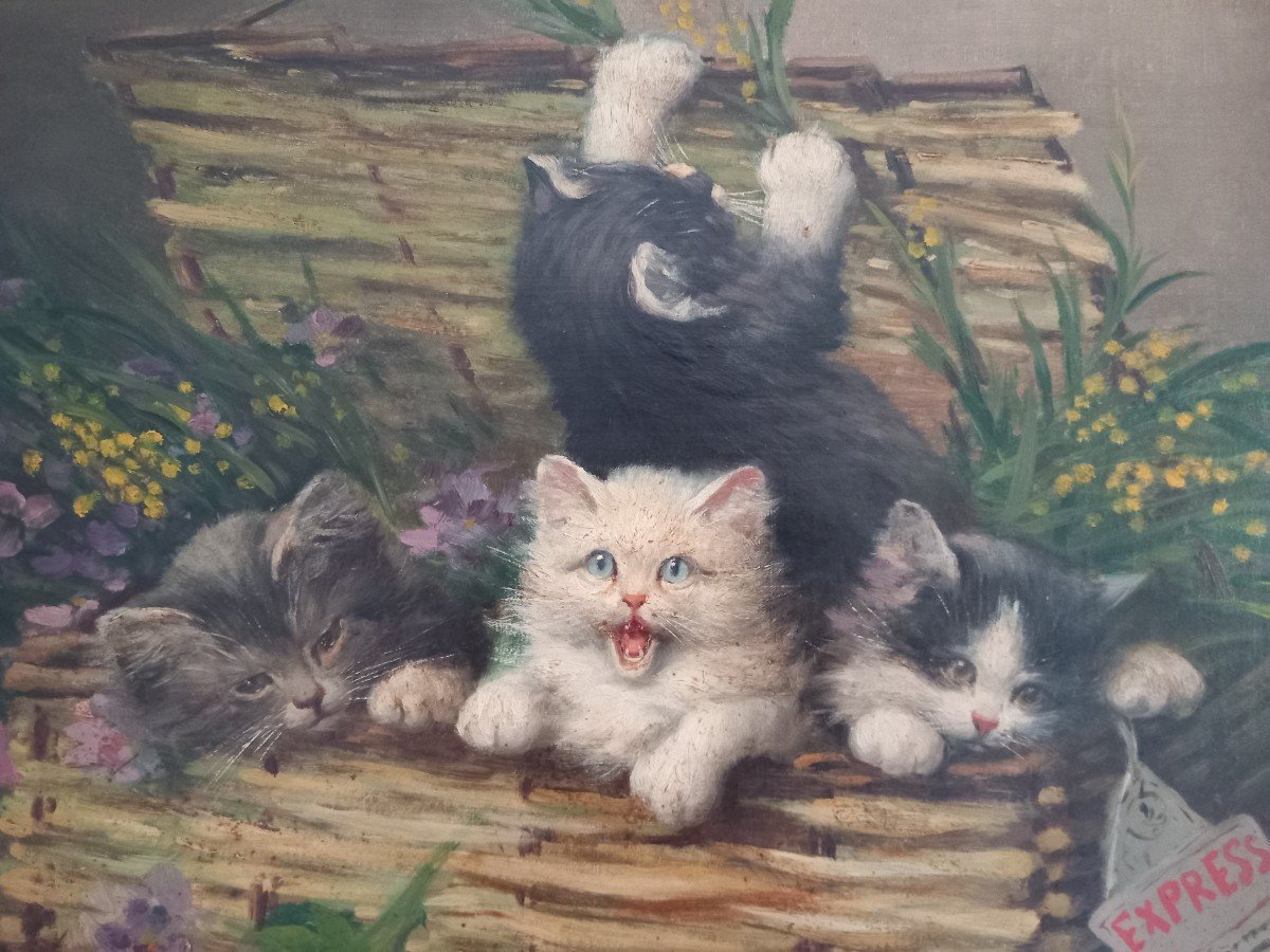 Oil Painting On Canvas Representing Four Kittens Signed Léon Huber -photo-4