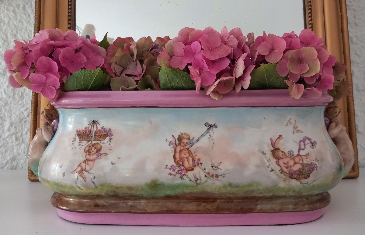 Large Earthenware Planter With Cupids Decor -photo-2