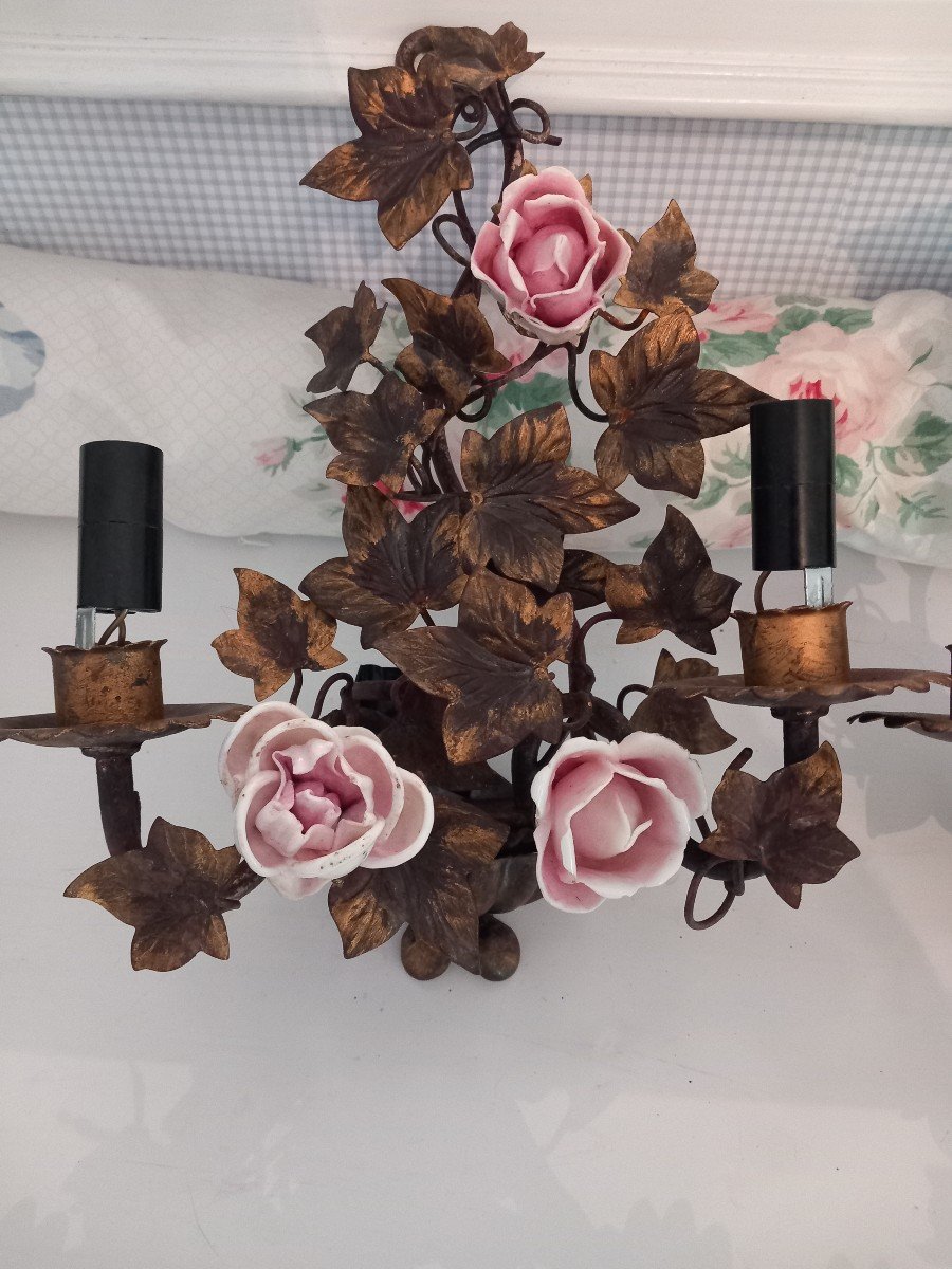 Pair Of Wall Lights With Porcelain Roses -photo-2