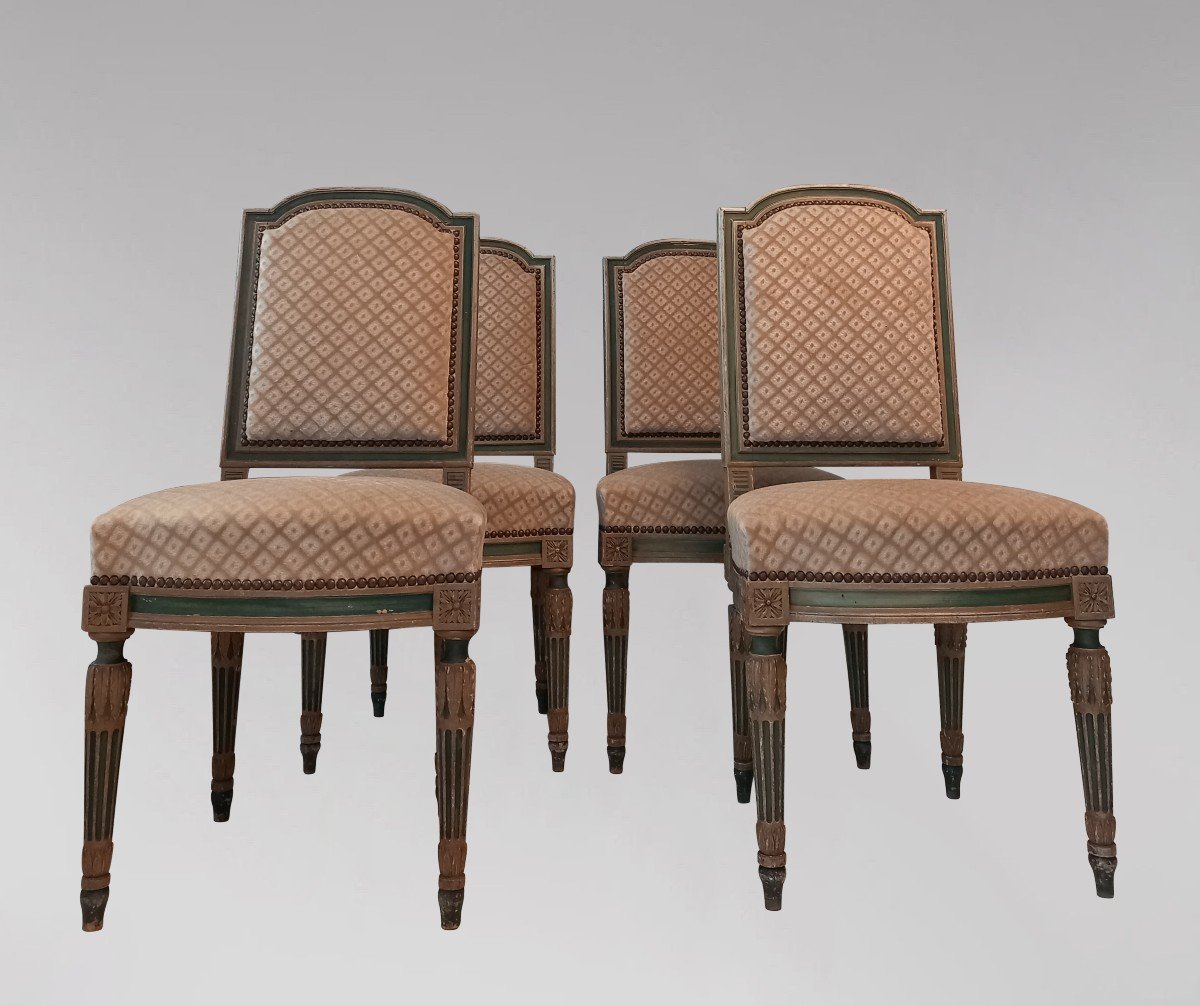 Set Of Four Louis XVI Style Chairs With Green Patina