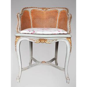 Louis XV Style Armchair In Cannage In Gray Lacquered Wood Basket Back