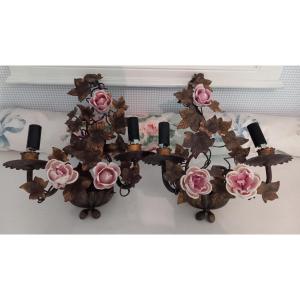 Paire d'Appliques Avec Roses En Porcelaine 