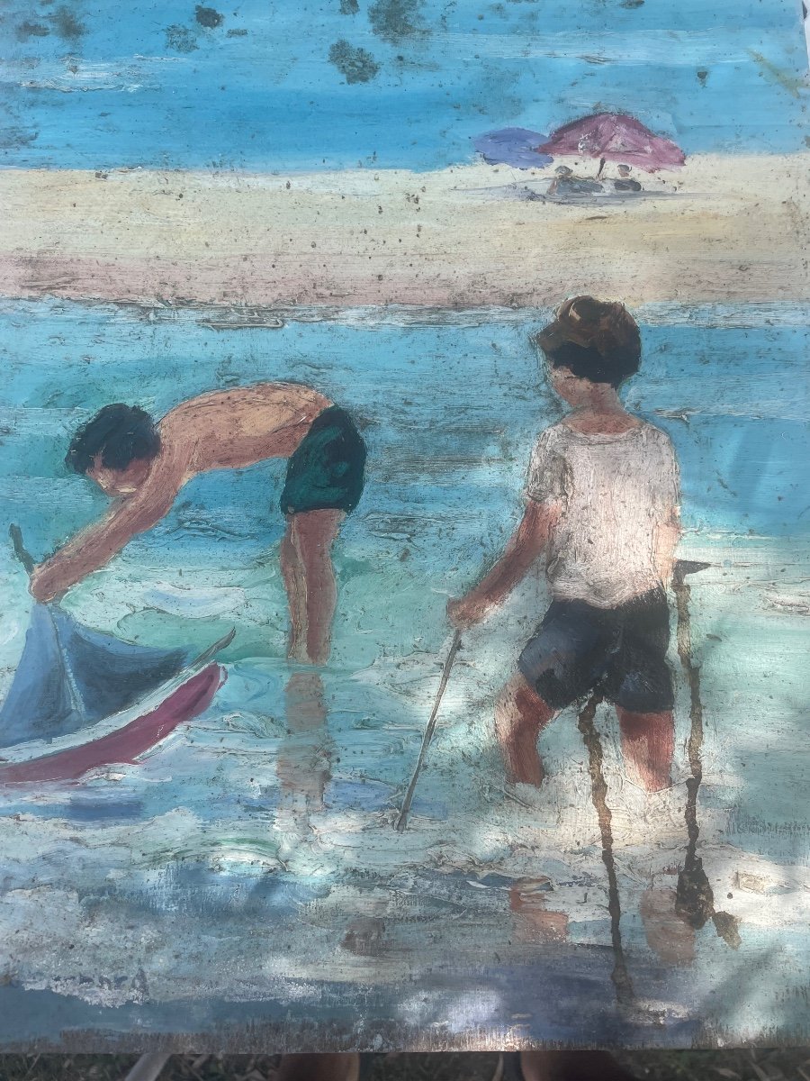 Double Sided Painting Of Scenes Of Children At The Beach