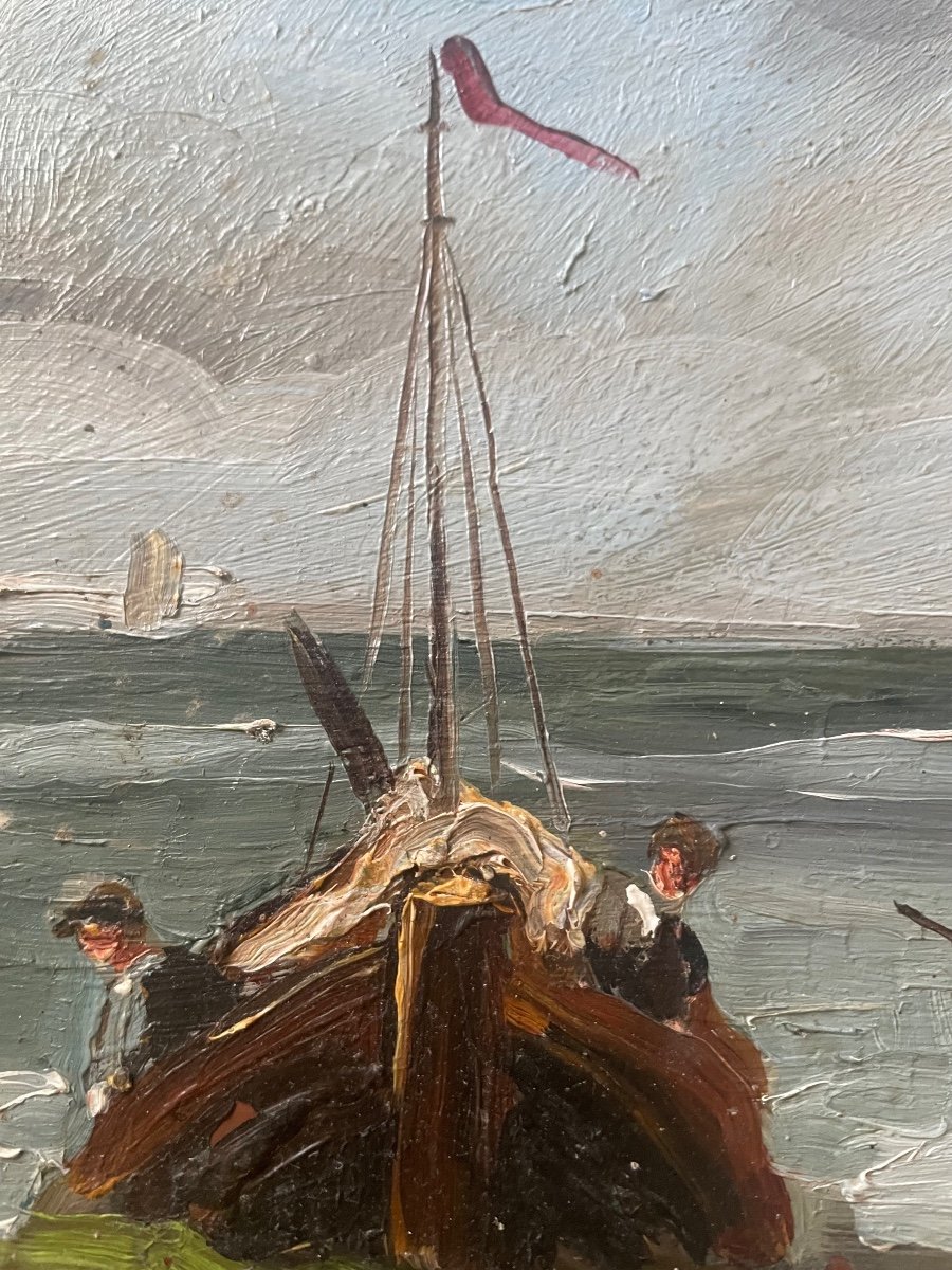 Pêcheurs Et Barques huile sur cuivre 