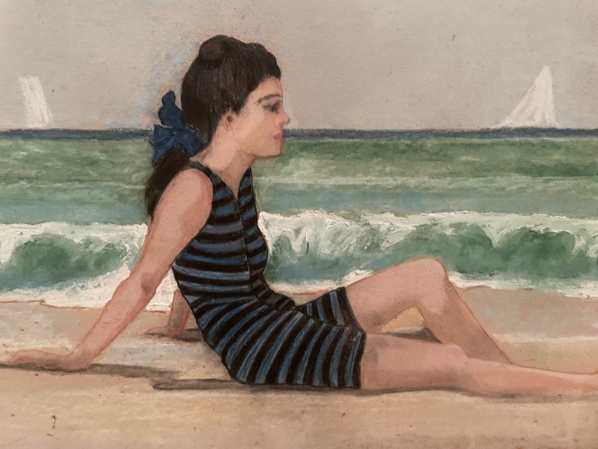 Young Girl In A Striped Swimsuit