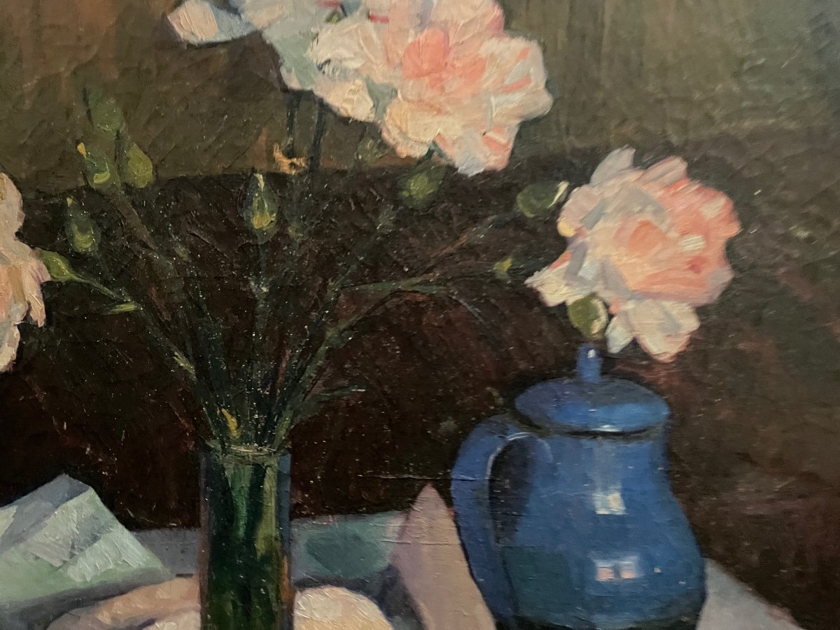 Blue Vase And Roses By Georges Dufrenoy-photo-3