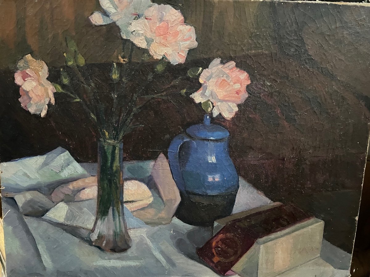 Blue Vase And Roses By Georges Dufrenoy