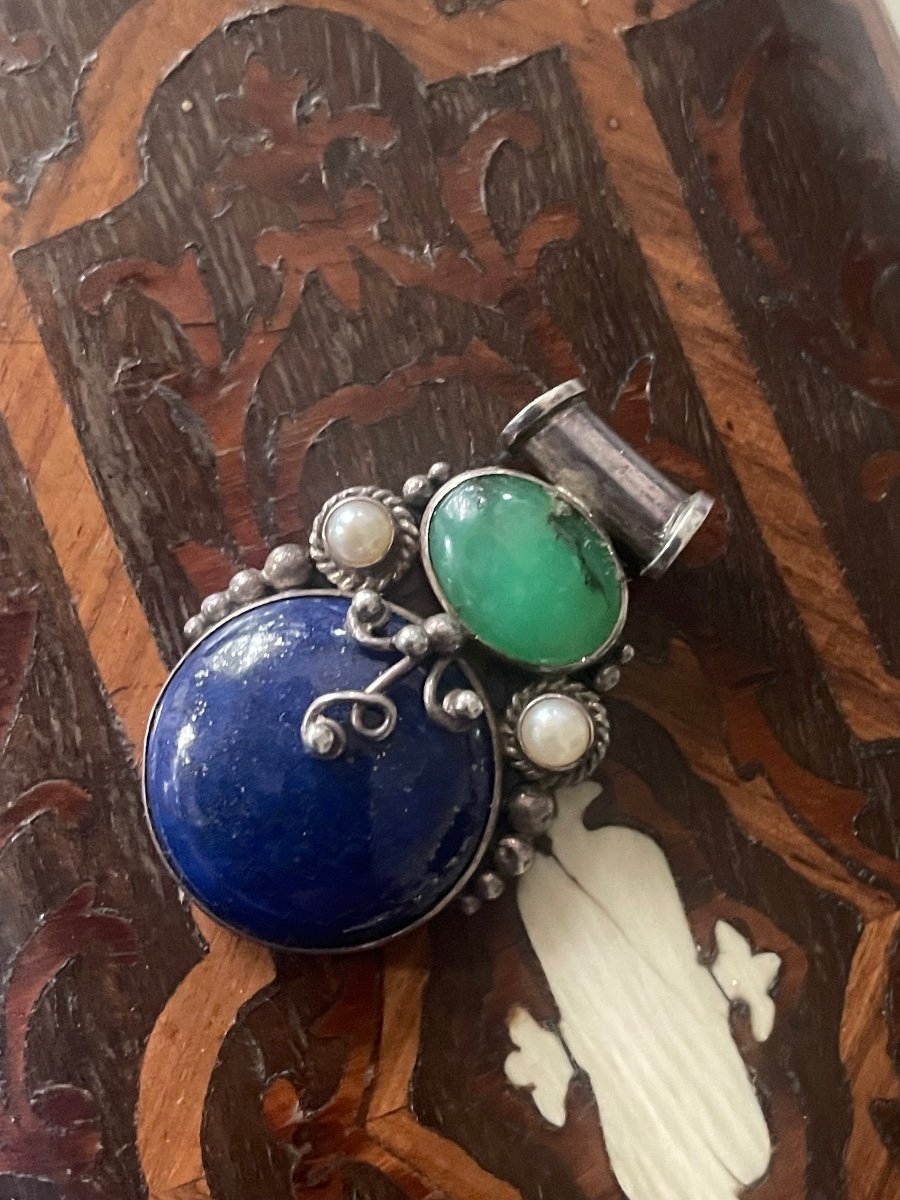 Silver Lapis Lazuli And Jade And Pearl Pendant -photo-2