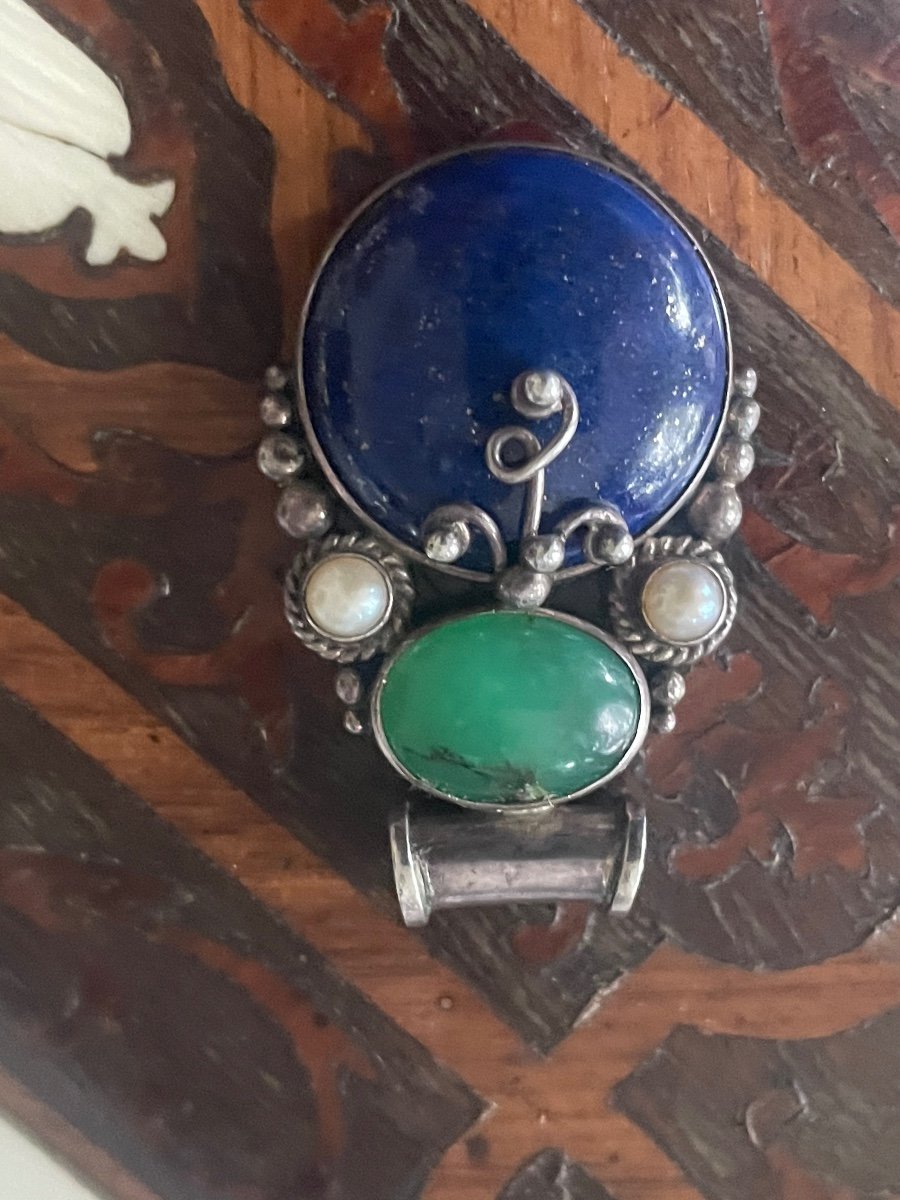 Silver Lapis Lazuli And Jade And Pearl Pendant -photo-3