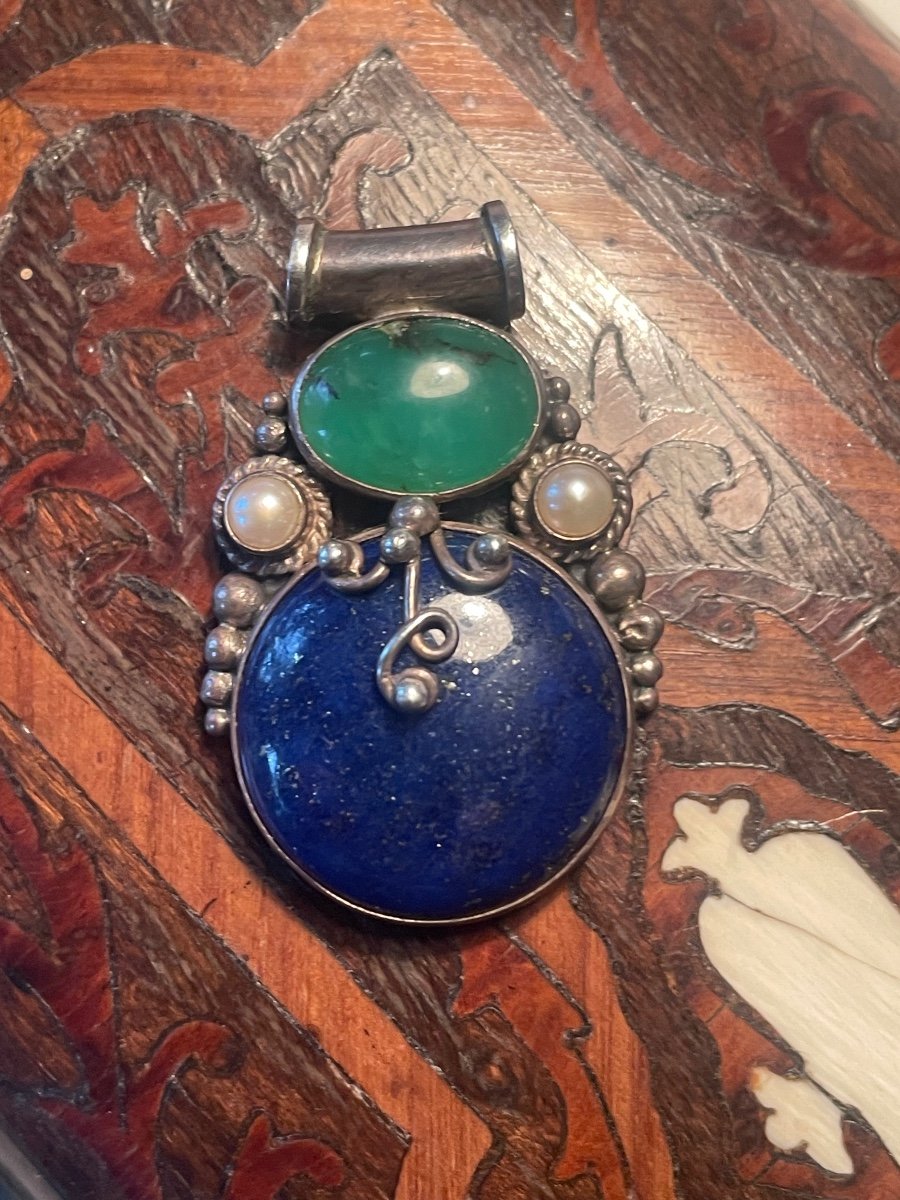 Silver Lapis Lazuli And Jade And Pearl Pendant -photo-2