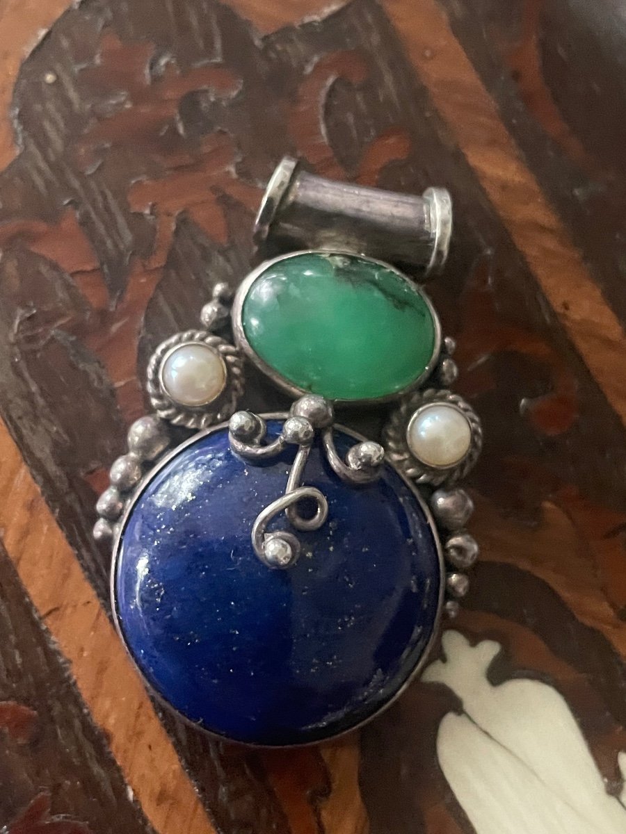 Silver Lapis Lazuli And Jade And Pearl Pendant -photo-5