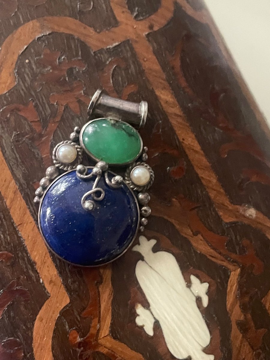 Silver Lapis Lazuli And Jade And Pearl Pendant -photo-6