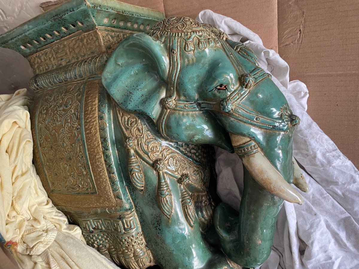 Paire D’éléphants Asiatiques En Faïence Emailleé -photo-1