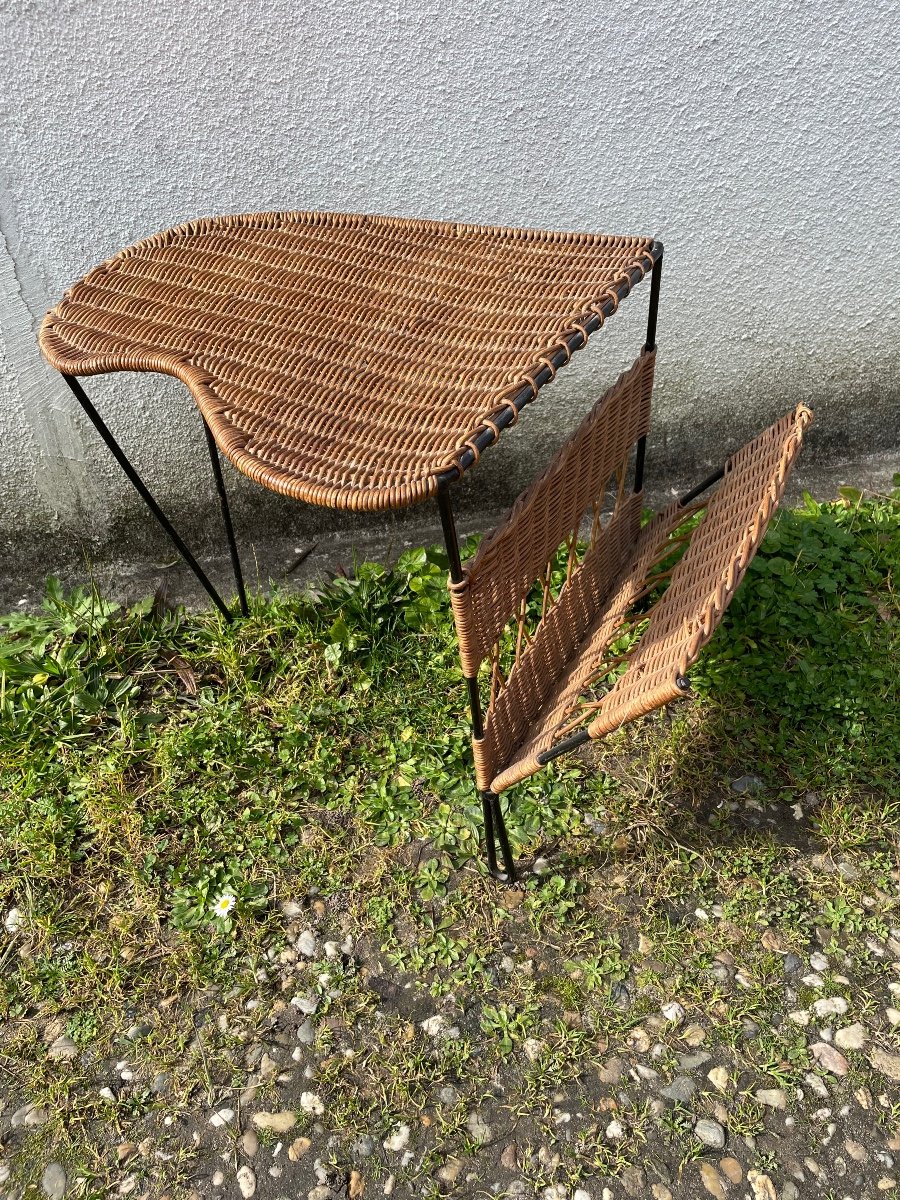 Rattan And Metal Magazine Servant Side Table -photo-4