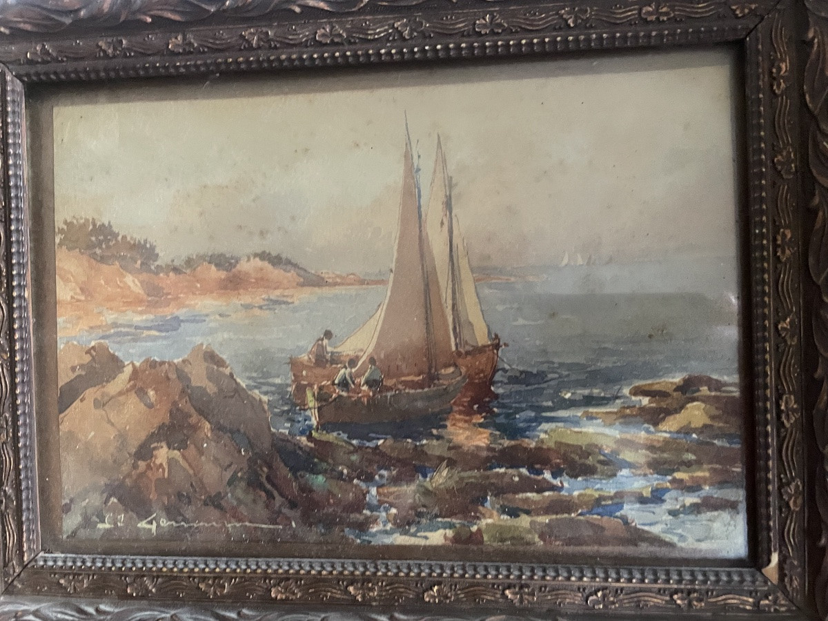 Paire D’aquarelles De Barques Et Pêcheurs -photo-3